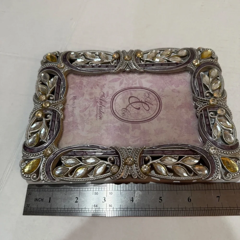 Hollywood Regency Inspired Jeweled Rhinestone 4x6 Picture Frame Ornate Silver